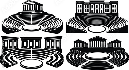 Vector silhouette classical amphitheater set four ancient roman theater elevations with temple facades aerial view black flat design isolated icon
