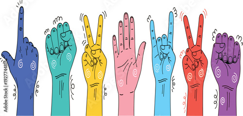 Colorful Hand Gesture Set Showing Counting, Signs, and Expressions in Cartoon Flat Style for Communication, Education, Posters, Stickers, and Creative Design
