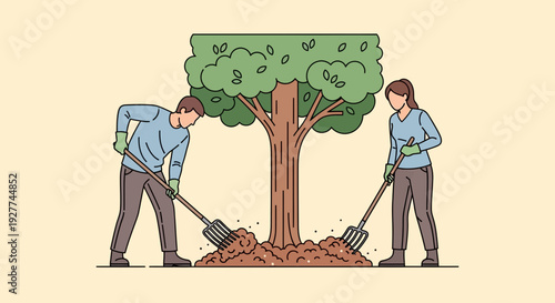 Two Men Digging Tree Roots with Shovels in a Cartoon Illustration of Backyard Digging