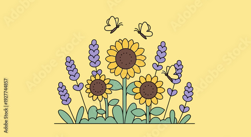 Joyful Field of Sunflowers and Lavender with Butterflies, Bright Cartoon Illustration, Sunny Yellow Background, Centered View