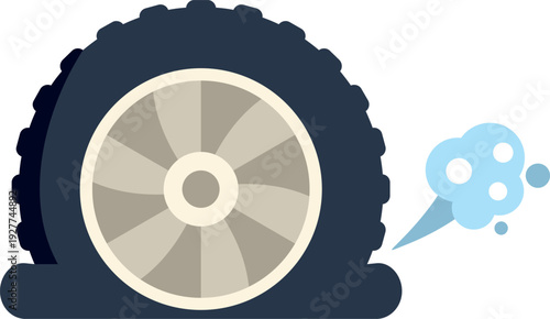 Flat tire deflating with air escaping from a puncture