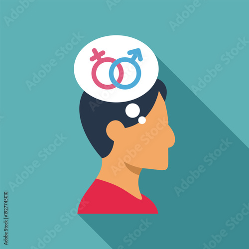 Person's head in profile with a thought bubble displaying male and female gender symbols