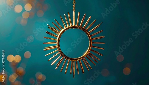 Golden Sunburst Ornament Hanging Against Bokeh Lights Background for Wellness and Lifestyle Concepts.