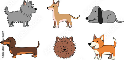 Cute Cartoon Dog Character Set with Different Breeds Flat Vector Illustration for Pet Care, Animal Lovers, Stickers, Mascots, and Design Projects