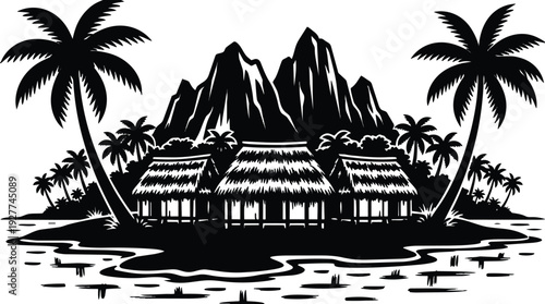 Silhouette vector tropical island huts with palm trees and mountains waterfront reflection black and white thatched village stilt bungalows calm