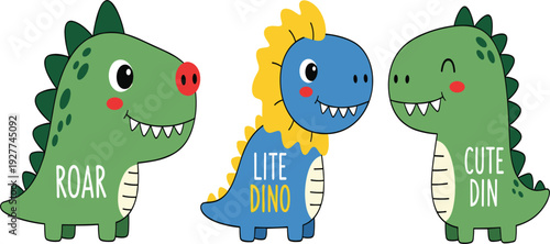Cute Cartoon Dinosaur Character Set with Roar Lite Dino and Cute Dino Typography for Kids T Shirt Prints Nursery Posters and Children Designs