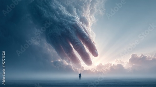 Giant hand emerging from clouds reaching towards a lone figure on a vast plain
