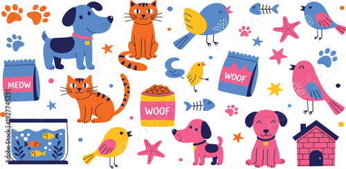 Cute Pet Elements and Animal Accessories Cartoon Set Featuring Dogs, Cats, Birds, Fish, Food Bowls, Paw Prints, and Pet Care Objects