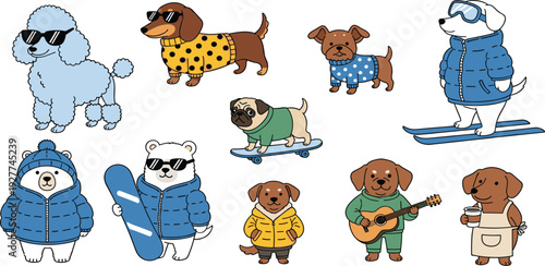 Cute Cartoon Dogs in Winter Clothes and Accessories Vector Set Featuring Fashionable Puppies, Skiing Dog, Musician Dog and Pet Lifestyle Illustrations