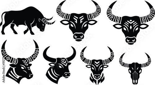 Tribal vector bull head set close up frontal and profile icons with patterned horns black silhouette flat design ornamental minimal