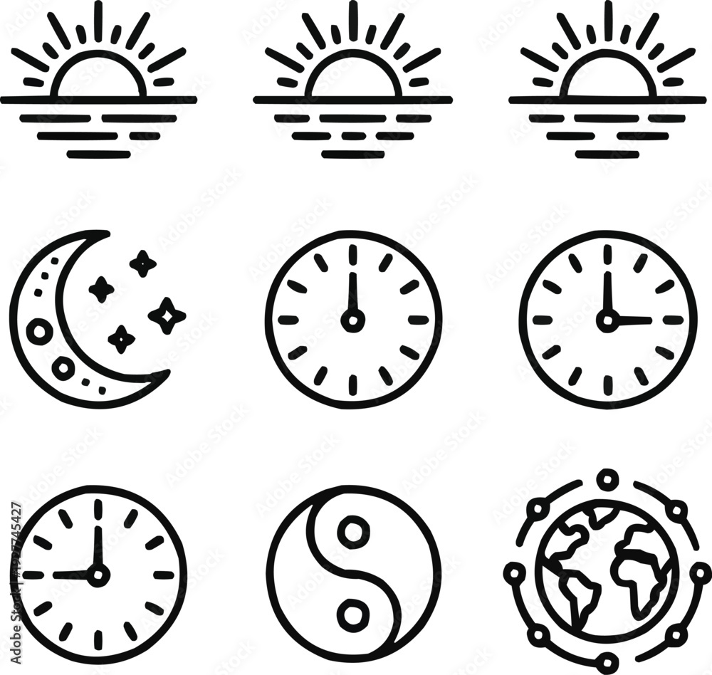 Fototapeta premium Time of Day Outline Icon Set Sunrise, Sunset, Daylight, and Night Cycle Symbols