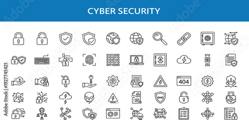Cyber Security Line Icon Set with Data Protection Privacy Encryption Network Safety and Digital Protection Symbols for Technology and Internet Design
