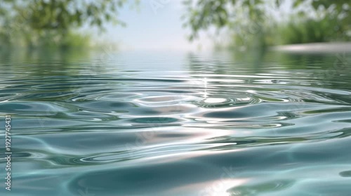 Close-up of calm water surface with gentle ripples and blurred greenery background