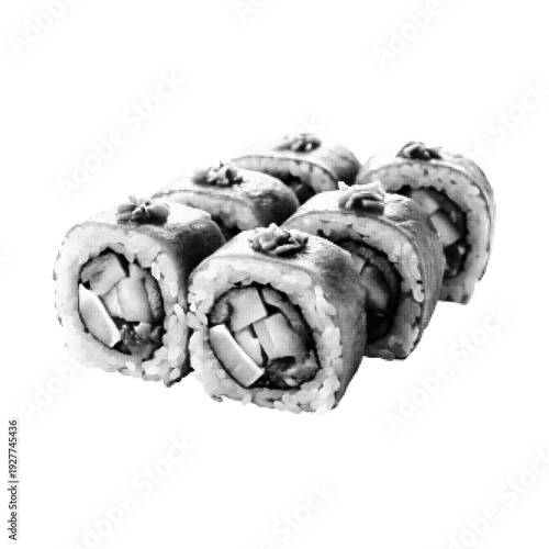 Sushi roll set isolated on white background. Japanese maki with rice and seafood in black and white halftone style. Asian cuisine, restaurant menu and gourmet food concept.