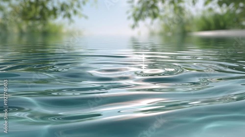 Close-up of calm water surface with greenery reflections and gentle ripples
