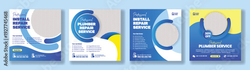 Professional Plumbing Services Banner Ad And Social Media Post Template Bundle With Technician Electrician Handyman Repair Renovation Maintenance Square Flyer Poster Marketing Designs