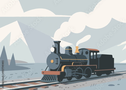 Steam Train Journey on Snow Mountain Illustration Creative Design Template 