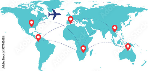 Global Travel Route Map Illustration with Airplane Flight Paths Location Pins and World Navigation for Tourism Logistics and International Business Design
