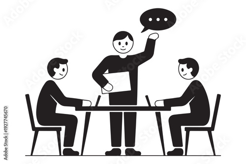 Team collaboration meeting with presenter raising hand to share idea or speech bubble illustration in black silhouette style