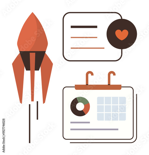 Innovation, startup, goal planning, project management, business growth, productivity improvement. Rocket with calendar and analytics chart. Innovation and startup conceptual idea