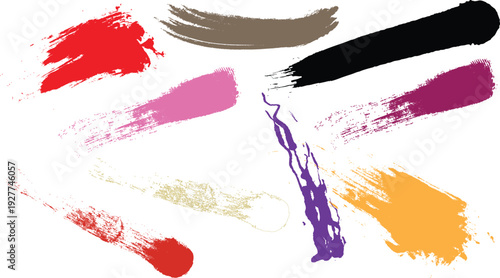A dynamic collection of hand-painted brush strokes in a vibrant palette, featuring expressive textures and varied forms for creative design projects, artistic backgrounds, and graphic embellishments