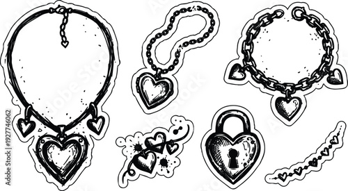 Tattoo flash heart jewelry sticker sheet hand drawn vector hearts lock charm close up top view monochrome ink sketch detailed