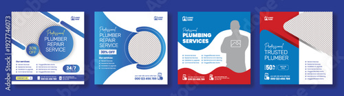 Professional Plumbing Services Social Media Post Banner Template Bundle Featuring Trusted Technician Electrician Handyman Repair Renovation Maintenance Square Flyer Poster Design For Website Ads