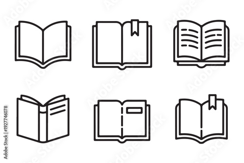 Various line art icons depicting different styles of open books featuring bookmarks and page details for literature study