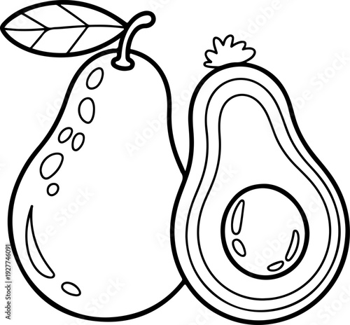 Pear and apple coloring page outline for kids, hand-drawn fruit sketch, black and white vector illustration