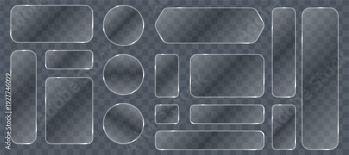 Liquid glass button interface, light frame banner set, mobile web app glass light set, tech board futuristic banners glow, PNG vector collection.