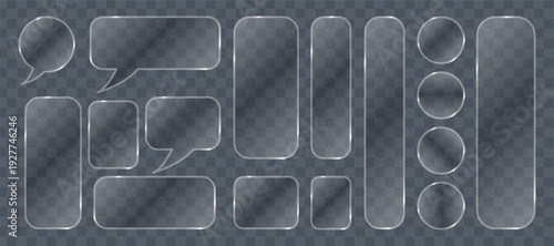 Liquid glass button interface, light frame banner set, tech board light banner collection, glass panels futuristic glow PNG, mobile vector frames.