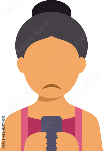Woman holding a smartphone with a sad expression, depicting cyberbullying or social isolation