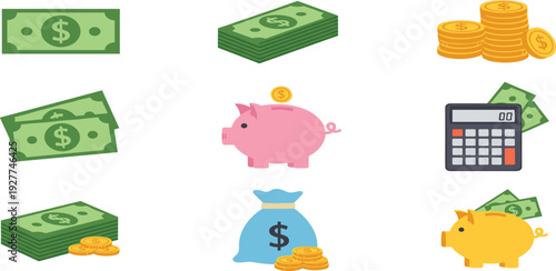 Money and Finance Icon Set with Cash Piggy Bank Coins Calculator and Savings Symbols for Banking Investment Budget and Business Design Projects