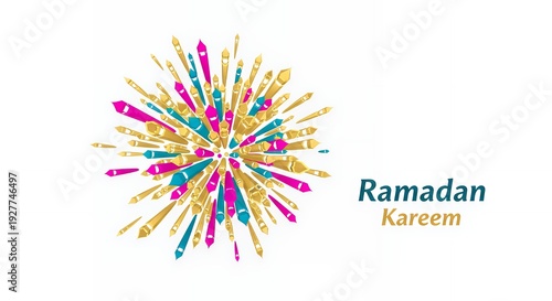 Vibrant Ramadan Kareem greeting design featuring an abstract burst of golden magenta and teal geometric shapes perfect for Islamic holiday celebrations and religious events