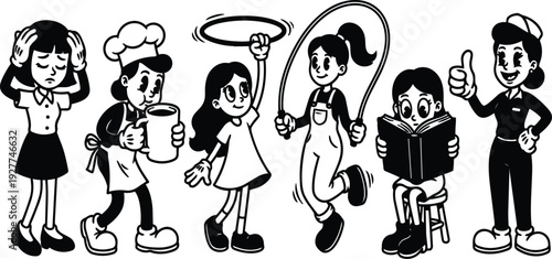 Retro cartoon 90s lineup of six characters showing stress cooking hula hoop skipping reading and approval in bold line art