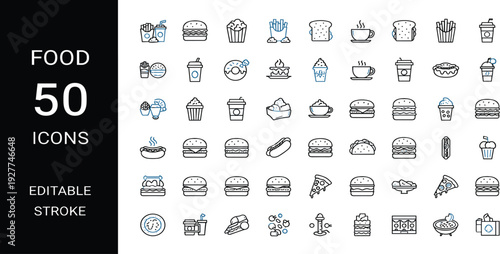 Set of 50 Fast Food and Restaurant Line Icons Featuring Burgers Pizza Hotdogs and Drinks with Editable Stroke for Menu Design Apps and Culinary Branding