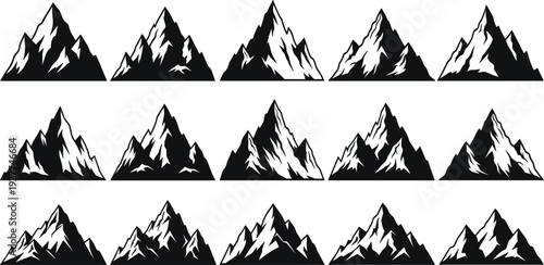 Set of Black and White Mountain Peak Silhouettes for Outdoor Adventure Logos Camping Graphics Hiking Illustrations Nature Tourism Branding and Winter Sports Design Elements
