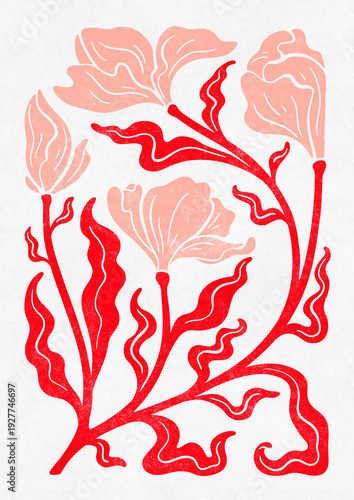 Bright spring poster in pink and red tones with abstract flower illustration. Ideal for dopamine interior, Easter decor. Size A2