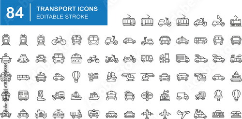 Transport Line Icon Set with Cars Buses Trains Airplanes Ships and Delivery Vehicles for Travel Logistics Navigation and Transportation Design Projects
