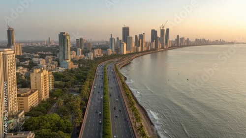 High angle drone shot of the coastal highway and skyscrapers along the sea at golden hour