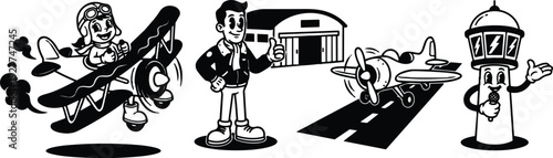 Retro cartoon biplane pilot flying with goggles smiling low angle monoplane taking off near hangar control tower announcer waving hand