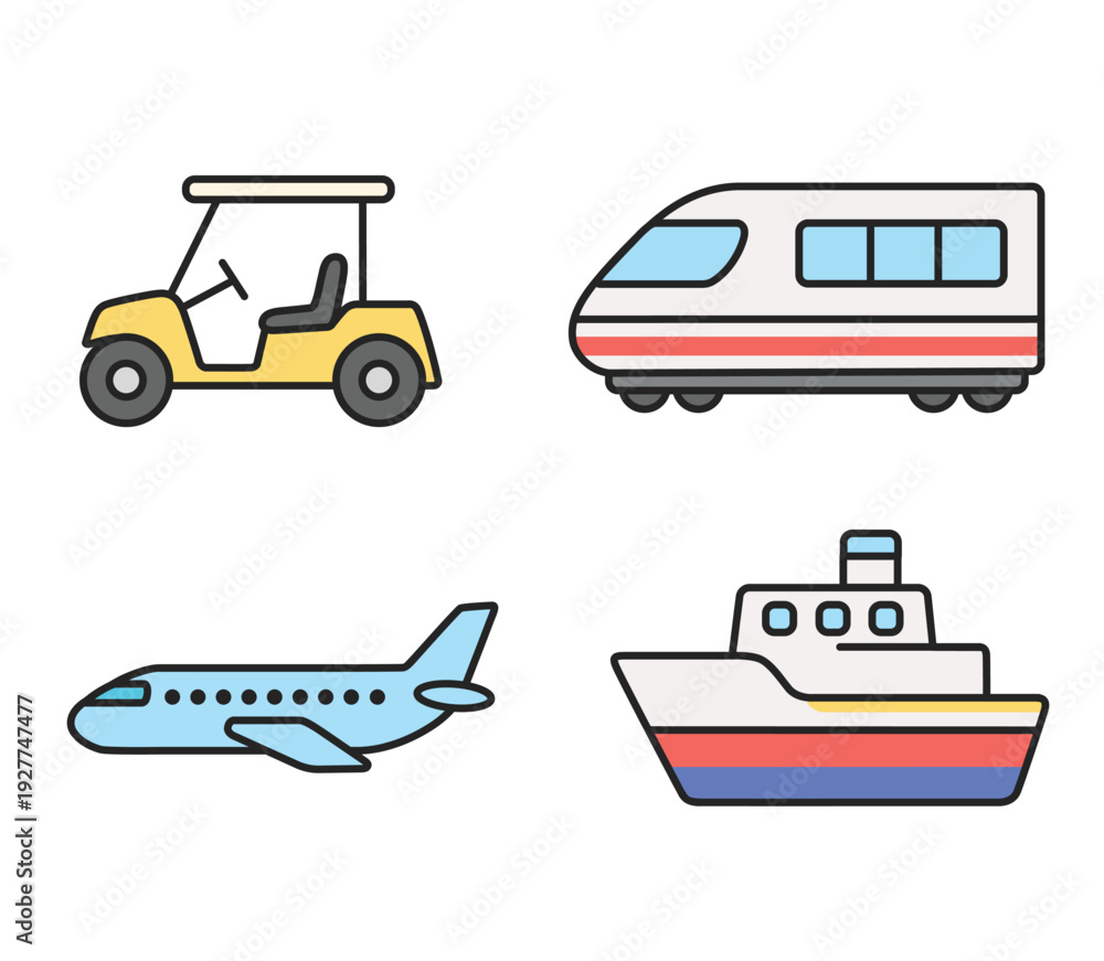 Naklejka premium Collection of diverse flat design transport mode vectors showcasing various vehicles for global travel, journey, and mobility concepts on a white background