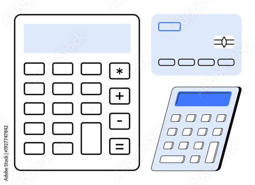 Finances, accounting, digital transactions, budgeting, payment solutions, calculation processes. Large calculator, smaller angled calculator and credit card graphic. Finances and digital