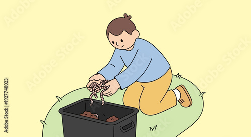 Woman Gardening in Green Grass with Cartoon Plants in a Black Plastic Container