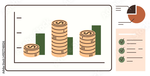 Business strategy, financial growth, investment, profitability, goal tracking, data presentation. Stacked coins on bar graphs with pie chart and checklist. Financial growth and investment