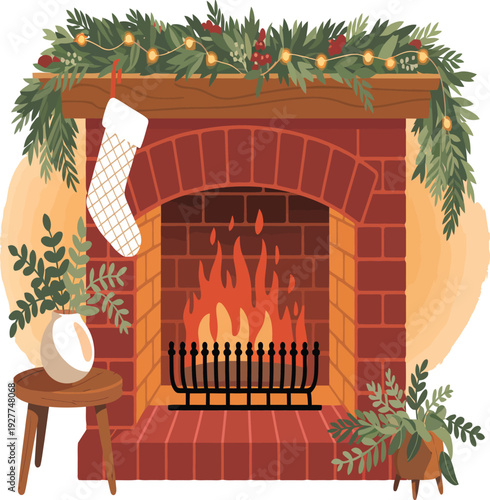 Cozy Christmas fireplace scene with festive stockings and holiday greenery