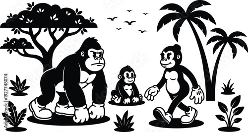 Retro cartoon rubber hose family of gorillas walking and sitting in a jungle scene with palms and tree baby looking