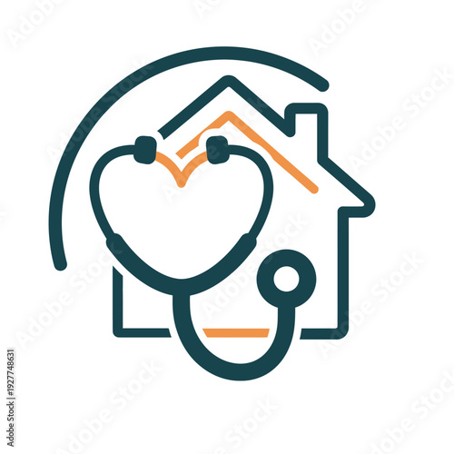 Home healthcare services icon featuring a heart-shaped stethoscope embracing a house, symbolizing dedicated medical care and wellness support in a residential setting