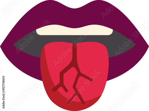 Mouth with cracked red tongue indicating dry mouth or health issue flat illustration