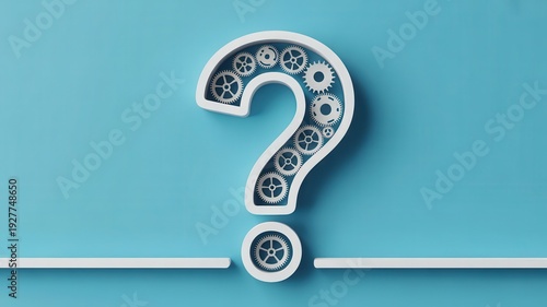 Conceptual question mark icon with internal gears on a solid blue background